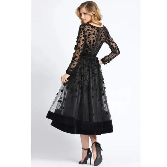 Mac Duggal Black Embellished Illusion High Neck Long Sleeve Fit Flare Midi Dress - Picture 6 of 16